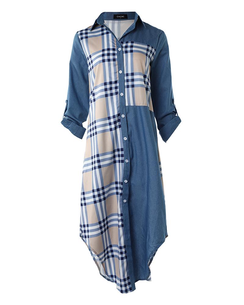 Plaid Print Patchwork Buttoned Slit Shirt Dress