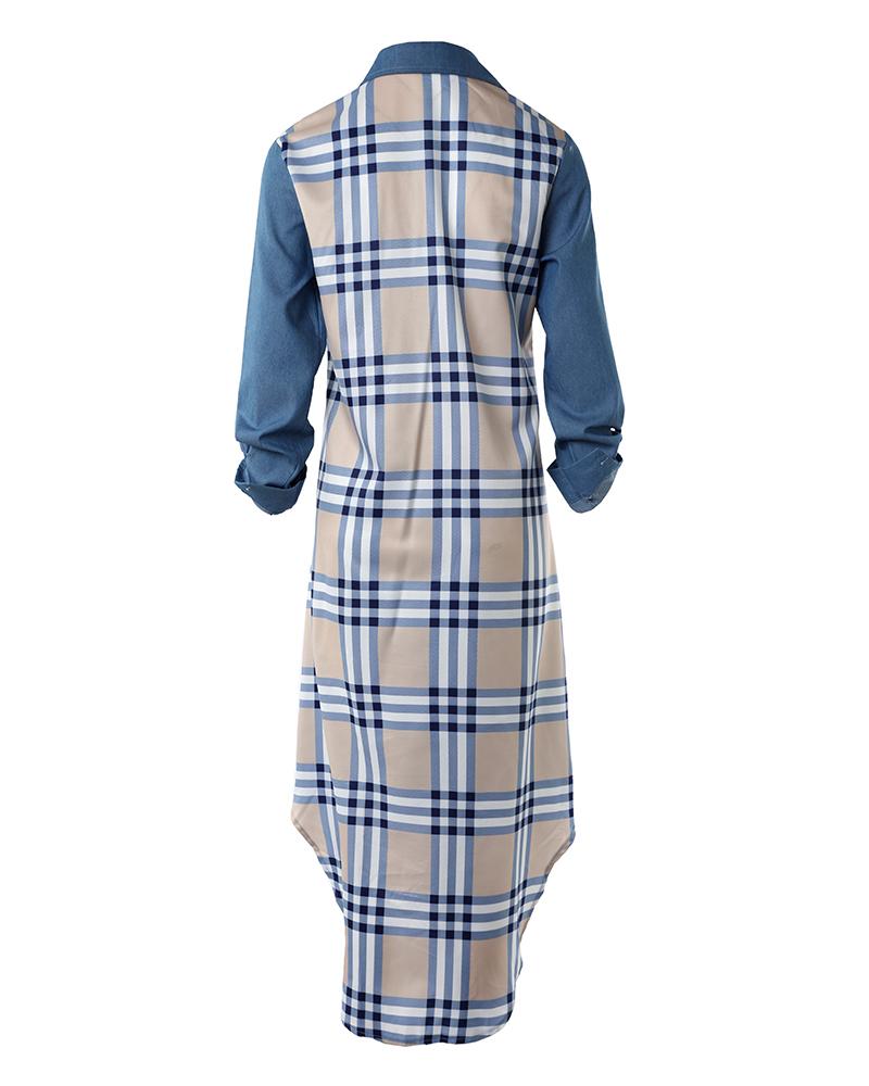 Plaid Print Patchwork Buttoned Slit Shirt Dress