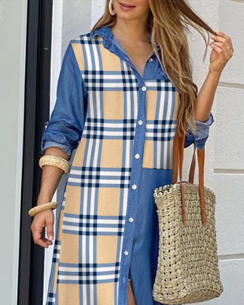 Plaid Print Patchwork Buttoned Slit Shirt Dress