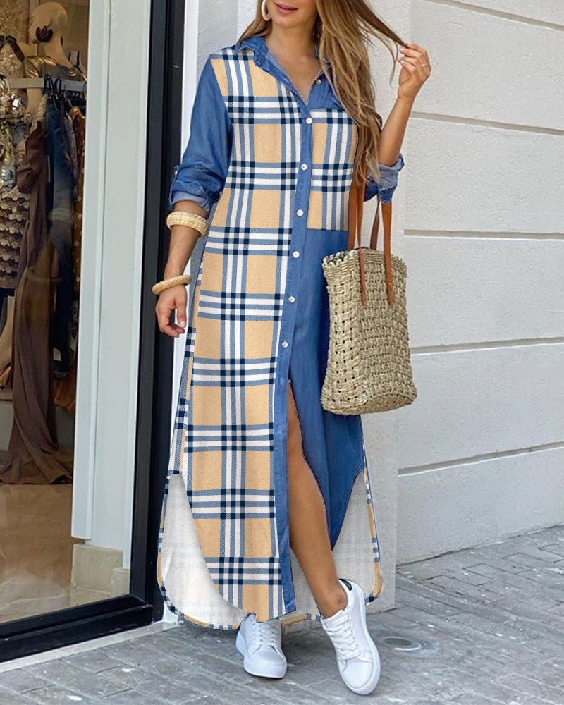 Plaid Print Patchwork Buttoned Slit Shirt Dress