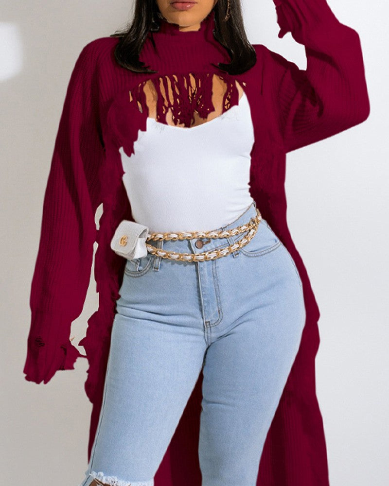 Asymmetrical Distressed Fringe Trim Longline Sweater