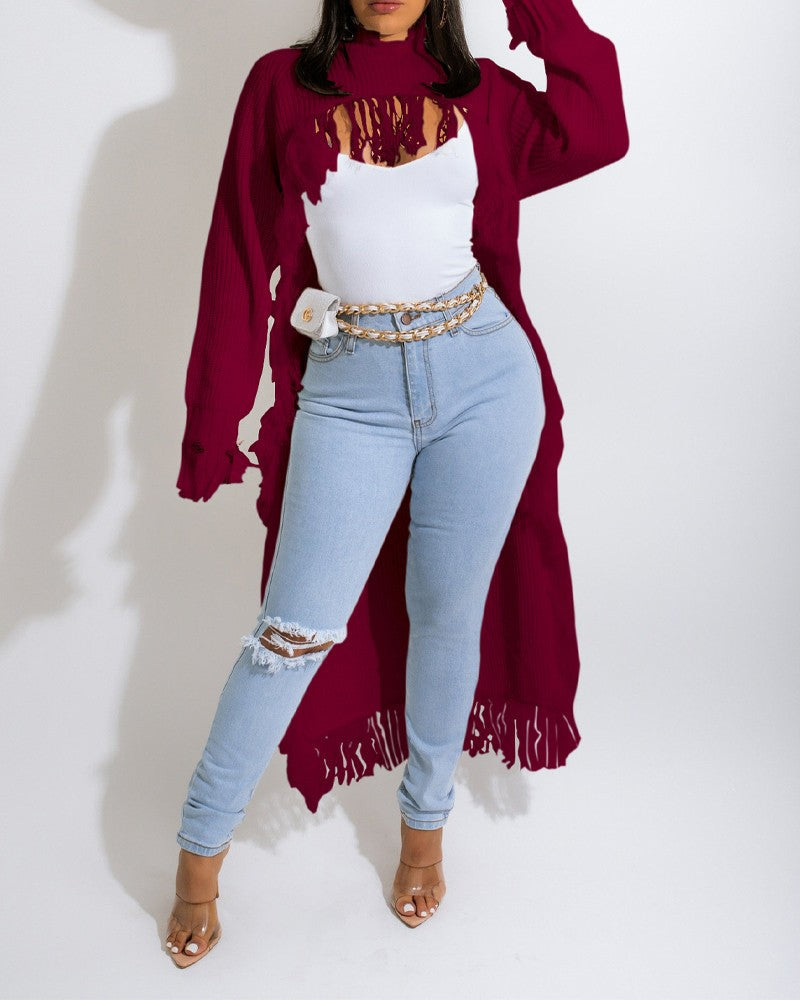 Asymmetrical Distressed Fringe Trim Longline Sweater