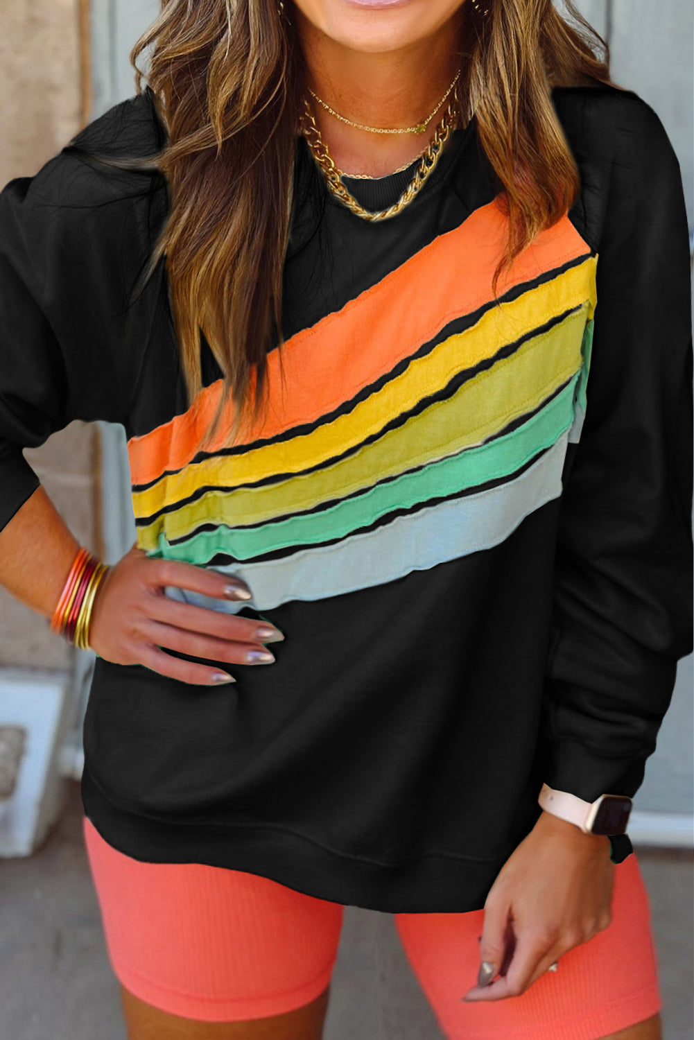 white Rainbow Raglan Sleeve Crew Neck Plus Size Sweatshirt