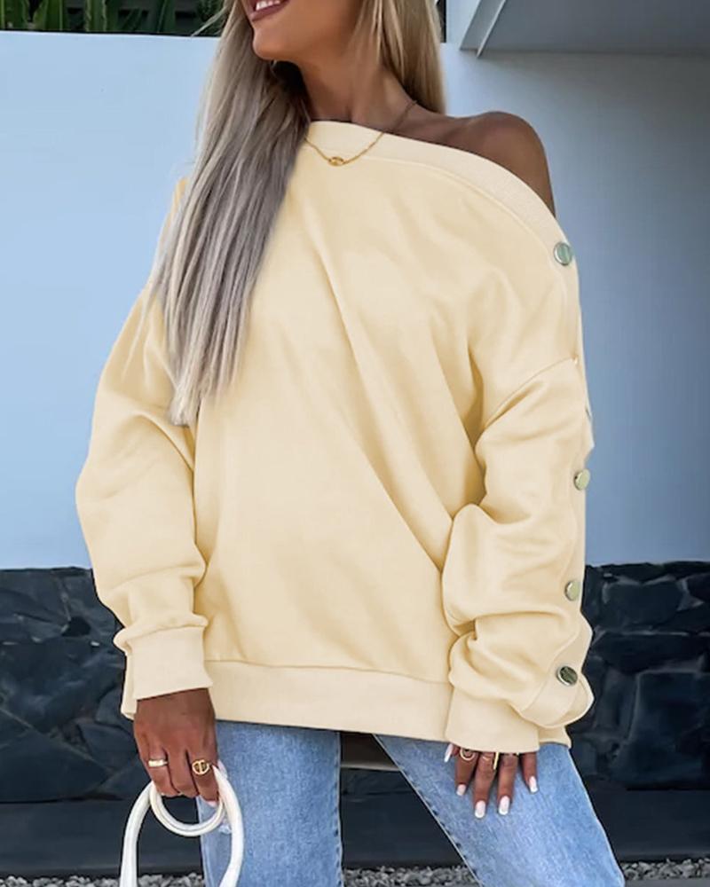 Skew Neck Buttoned Drop Shoulder Sweatshirt