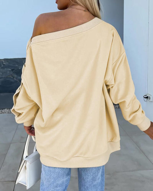 Skew Neck Buttoned Drop Shoulder Sweatshirt