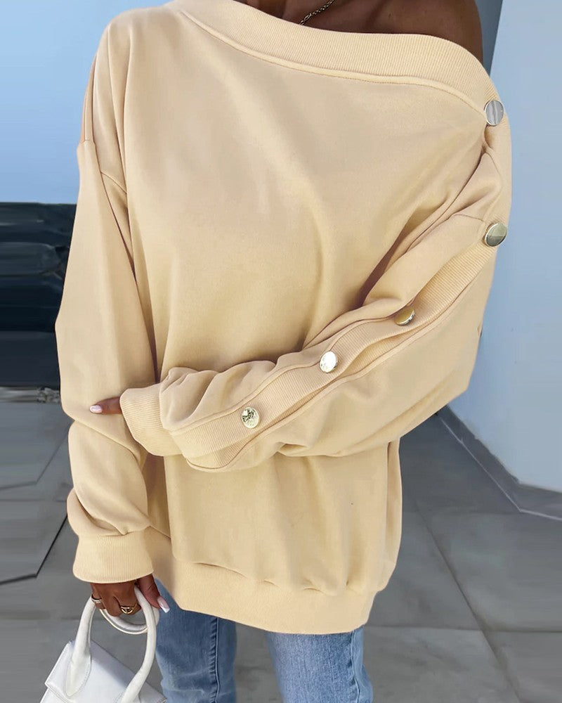 Skew Neck Buttoned Drop Shoulder Sweatshirt