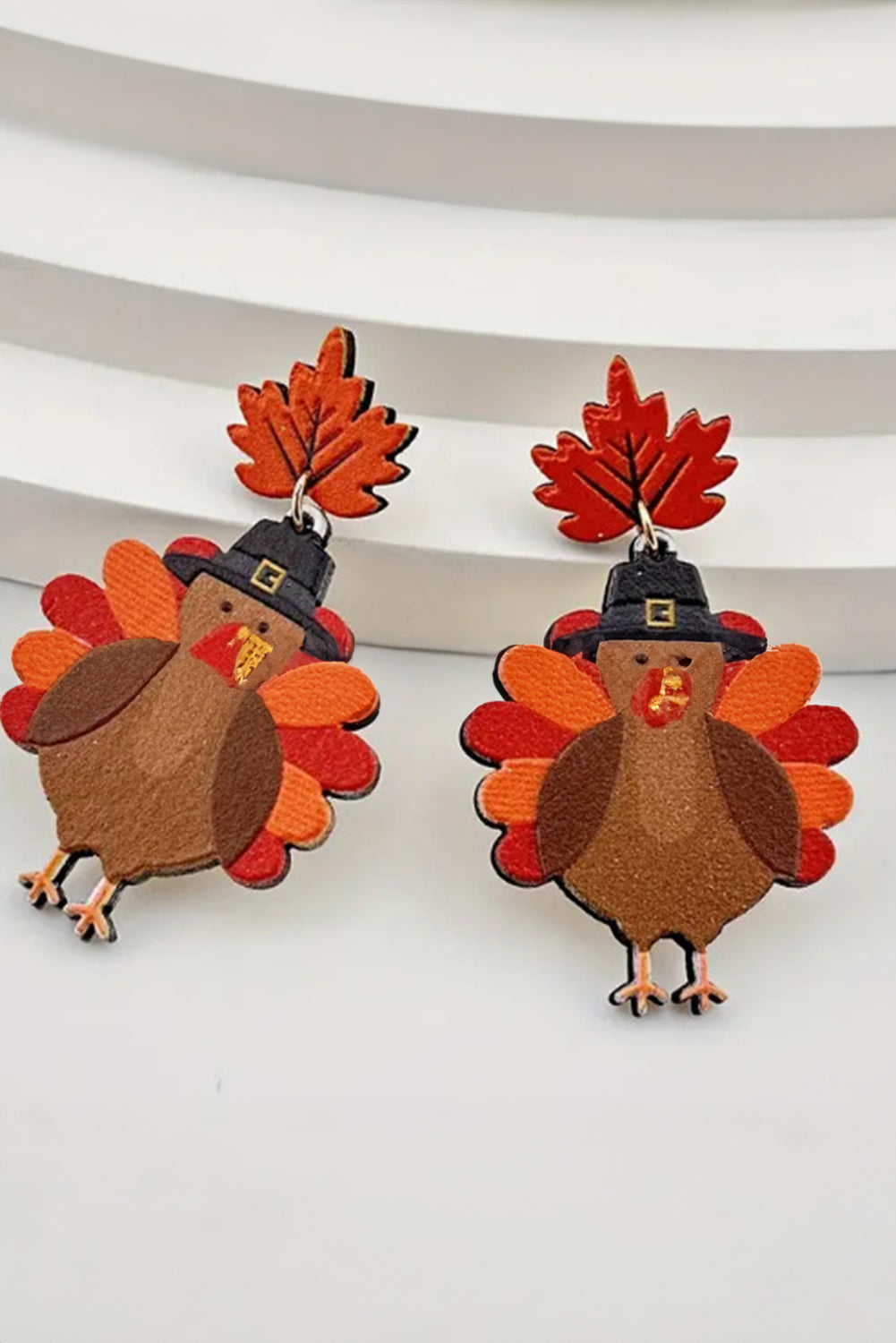 Racing Red Thanksgiving Turkey Leaf Pattern Dangle Earrings