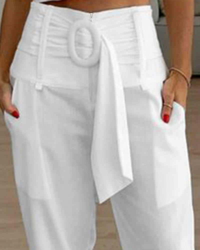 High Waist Belted Pocket Design Pants