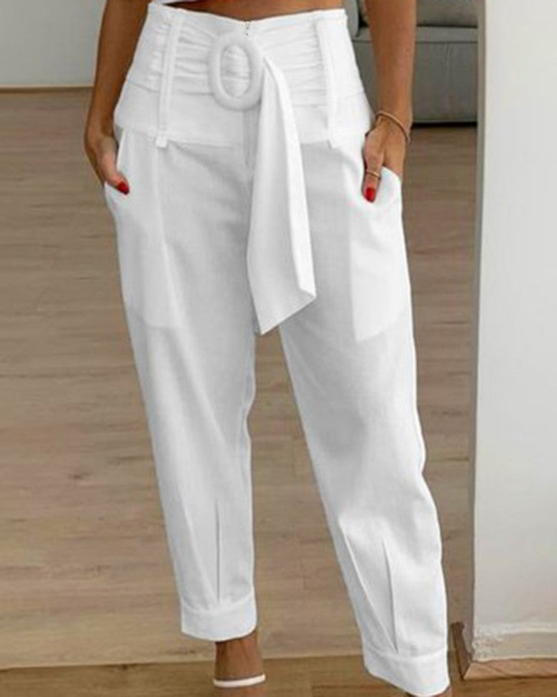 High Waist Belted Pocket Design Pants