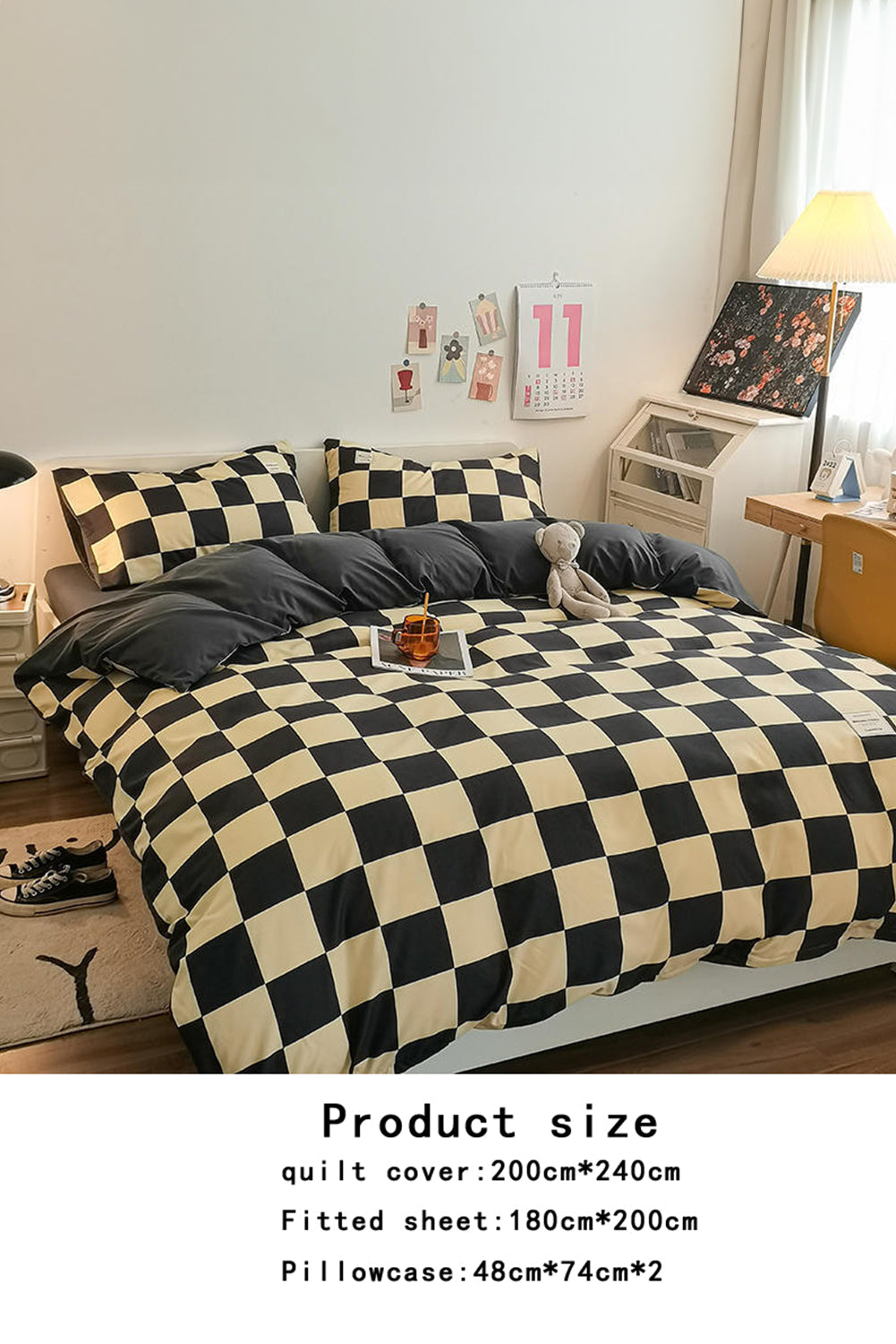 Beige Checkered Soft Four-piece Bed Set