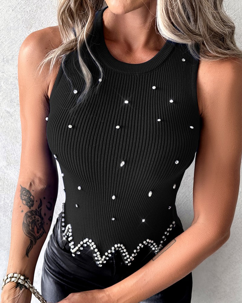 Studded Asymmetrical Hem Knit Tank Sweater