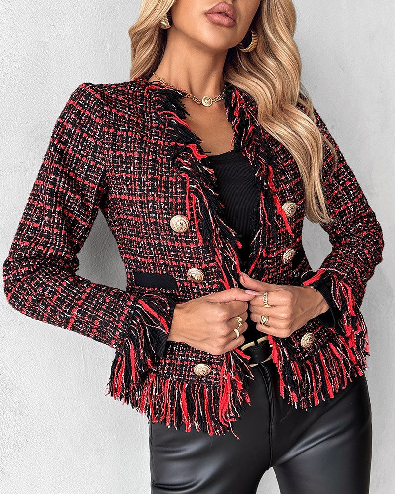 Tassel Design Buttoned Tweed Coat