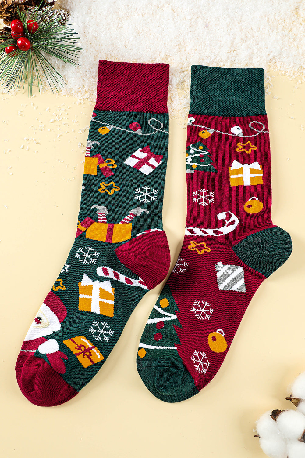 Racing Red Christmas Cartoon Pattern Color Block Tube Socks