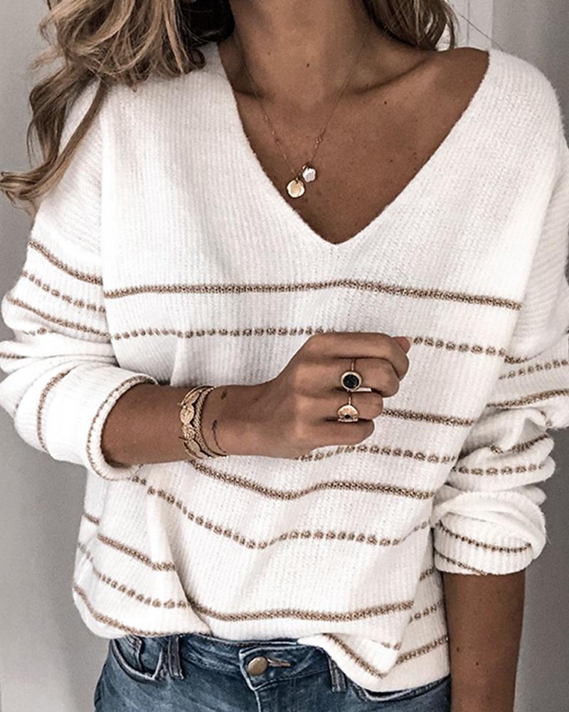 V Neck Striped Knit Sweater