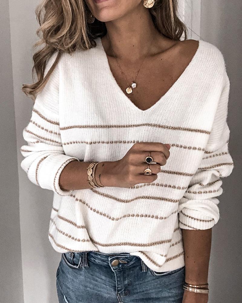 V Neck Striped Knit Sweater