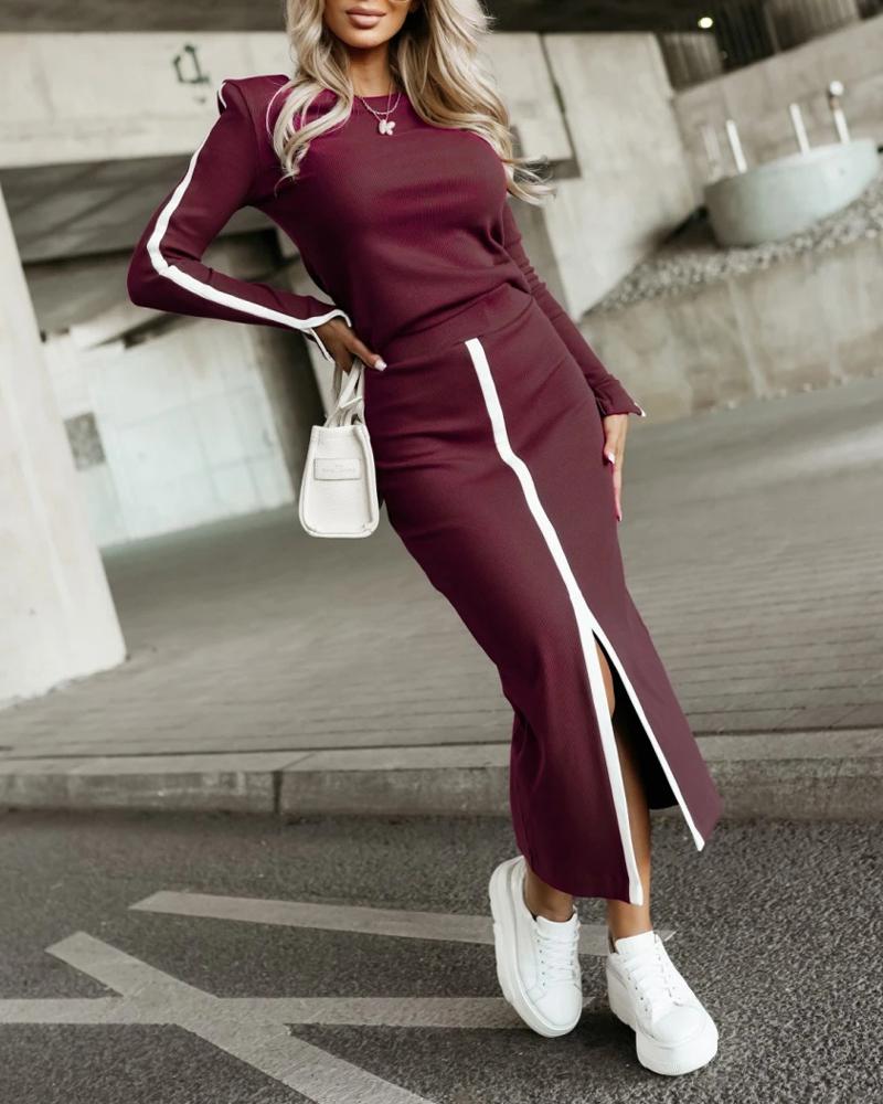 2 Piece O Neck Pullover Casual Top Slit Front Skirt Set Tracksuit