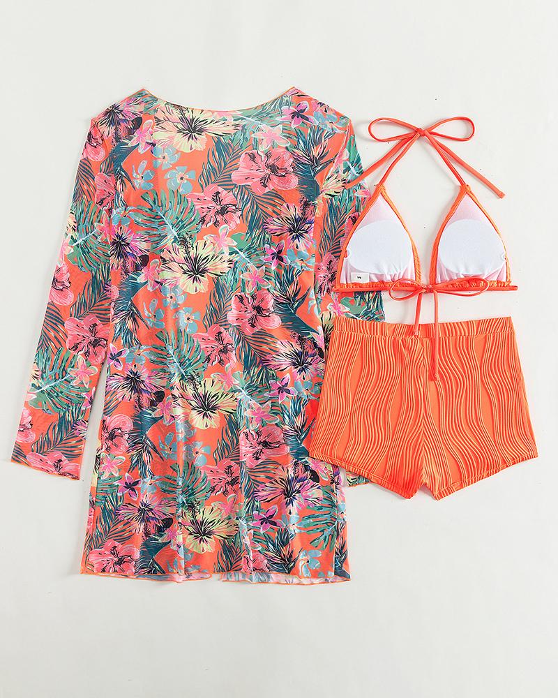 Halter Textured Bikini Top & Shorts Set With Floral Tropical Print Coat