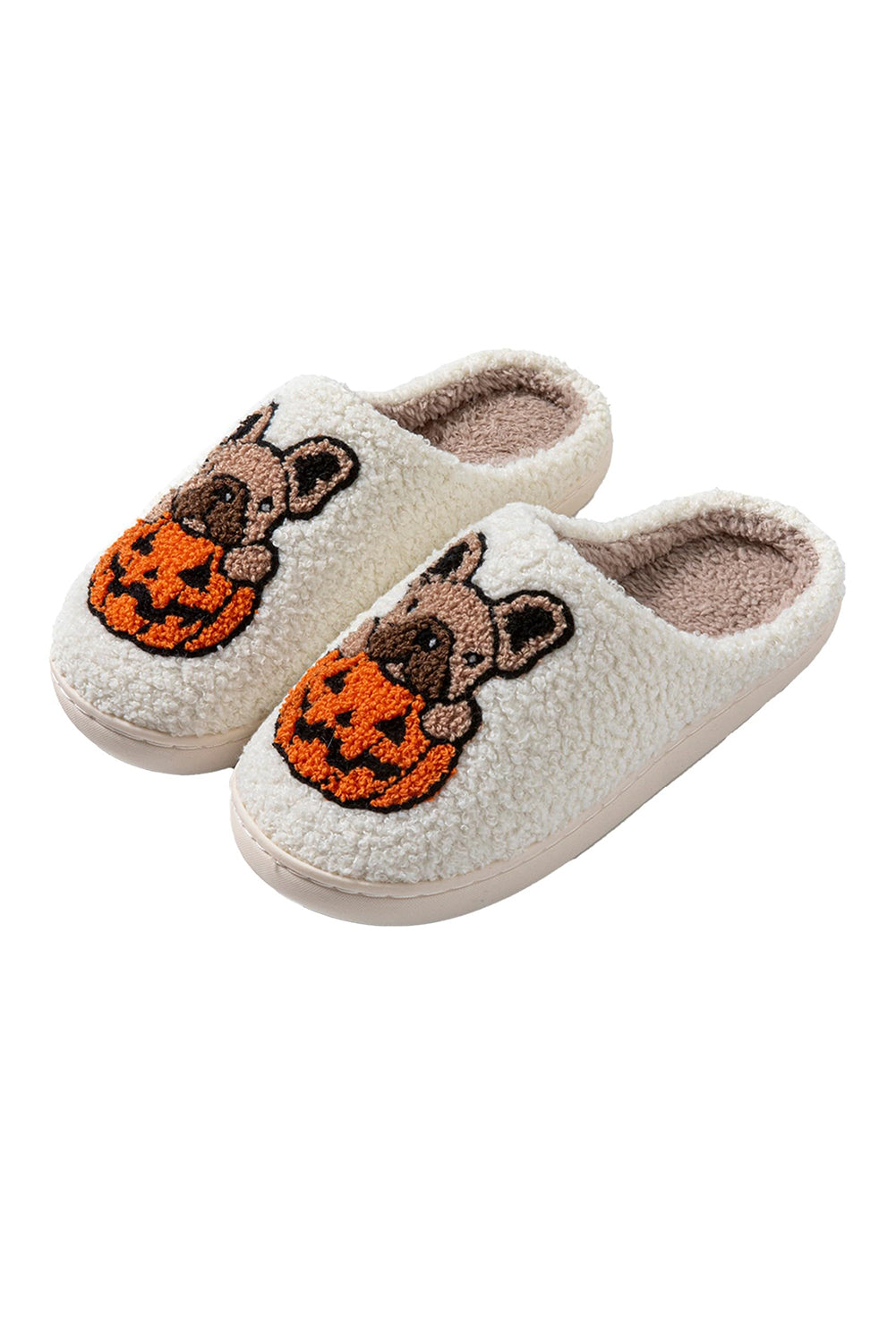 White Halloween Dog Pumpkin Pattern Fuzzy Slippers