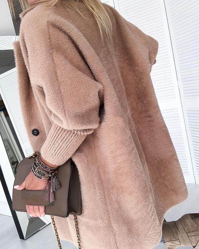 Warm Khaki Solid Fluffy Open Front Long Coat