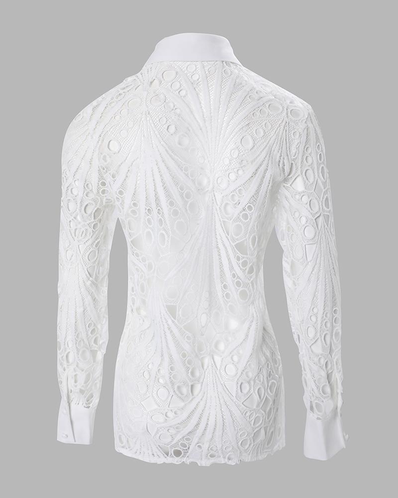 Eyelet Embroidery Long Sleeve Button Down Shirt