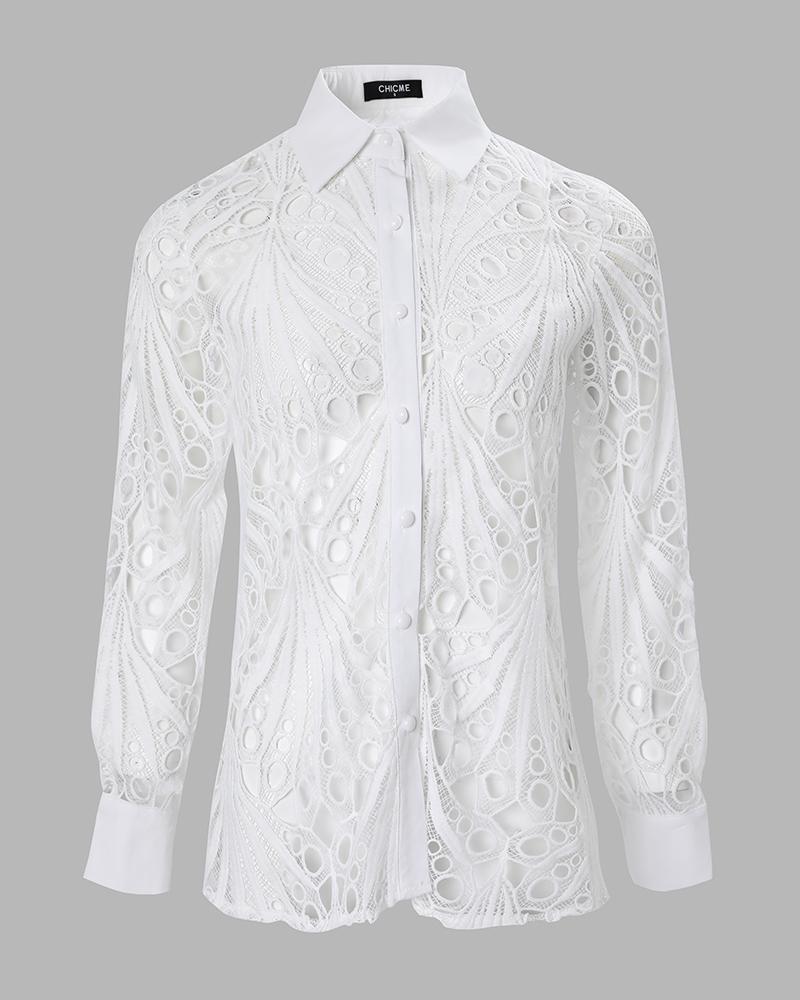 Eyelet Embroidery Long Sleeve Button Down Shirt