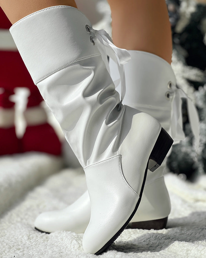 Eyelet Tied Detail Chunky Heel Ankle Boots