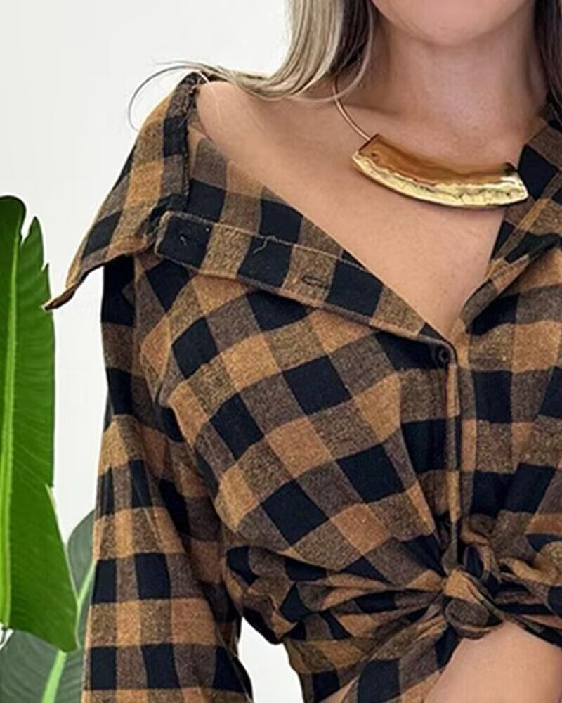 Plaid Print Buttoned Casual Long Sleeve Top