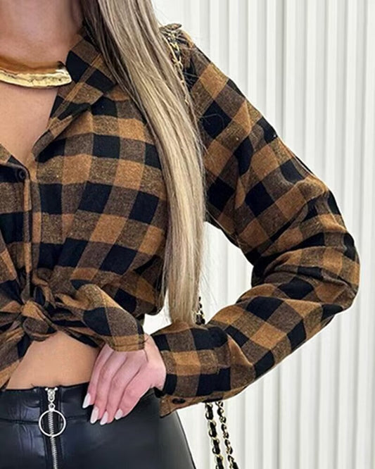 Plaid Print Buttoned Casual Long Sleeve Top