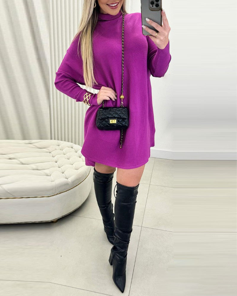 High Neck Batwing Sleeve Sweater Dress Knitted Casual Dress