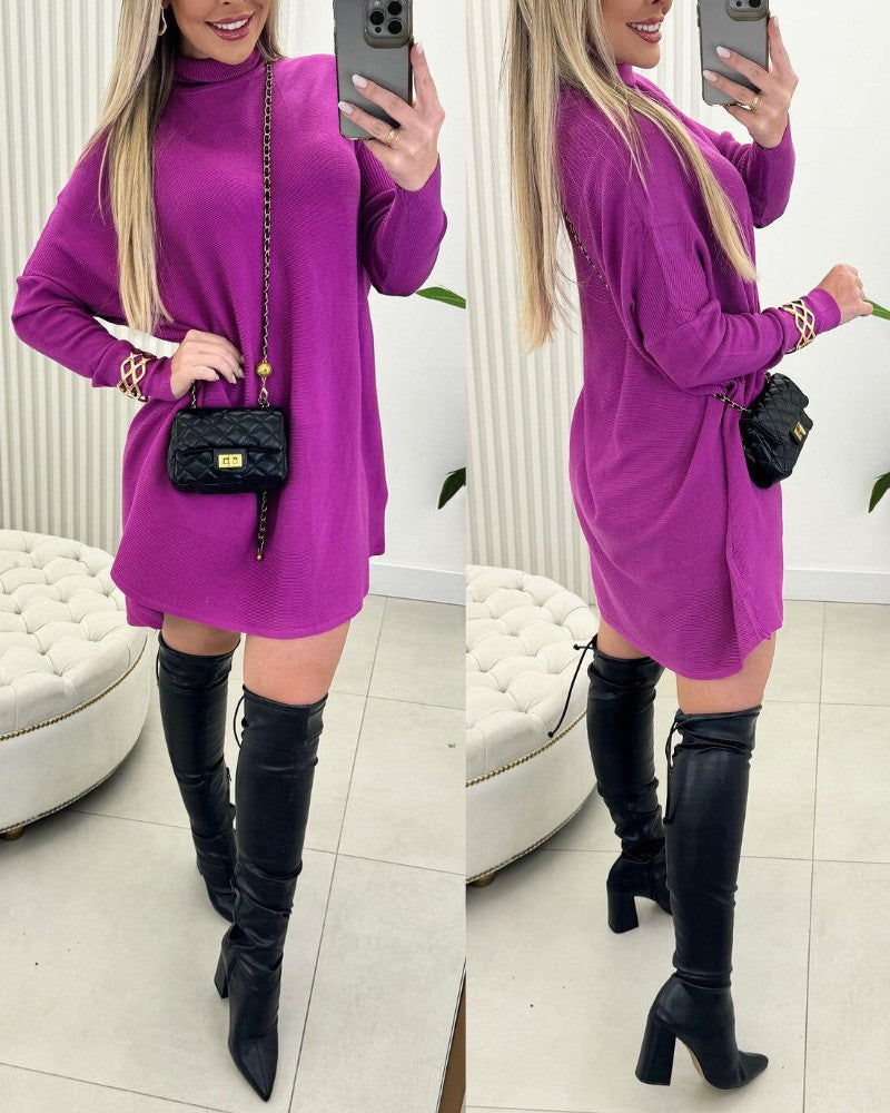 High Neck Batwing Sleeve Sweater Dress Knitted Casual Dress