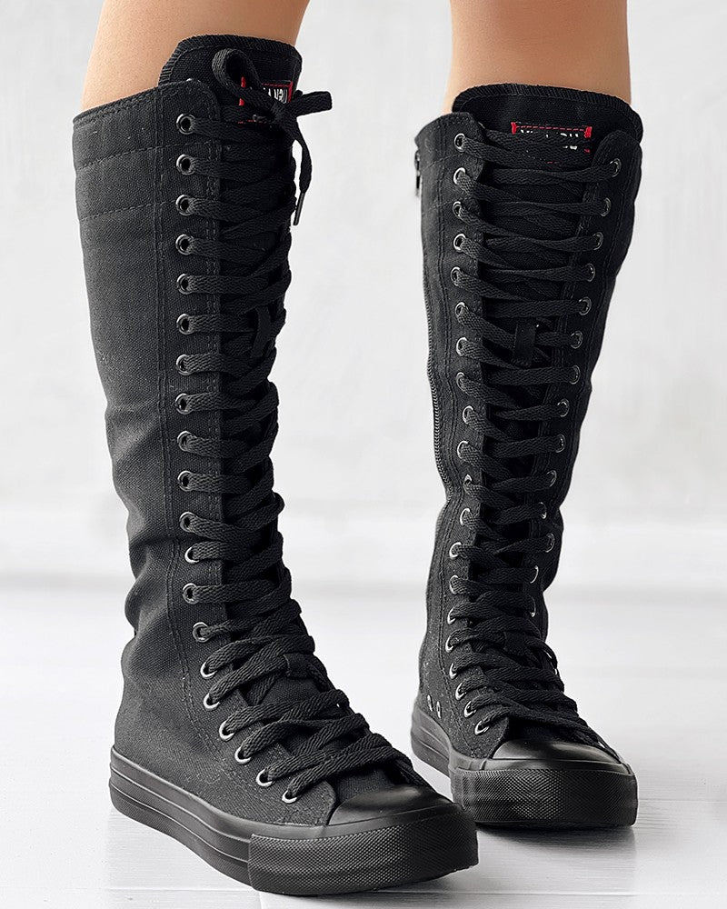 Canvas Side Zipped Lace Up Boots