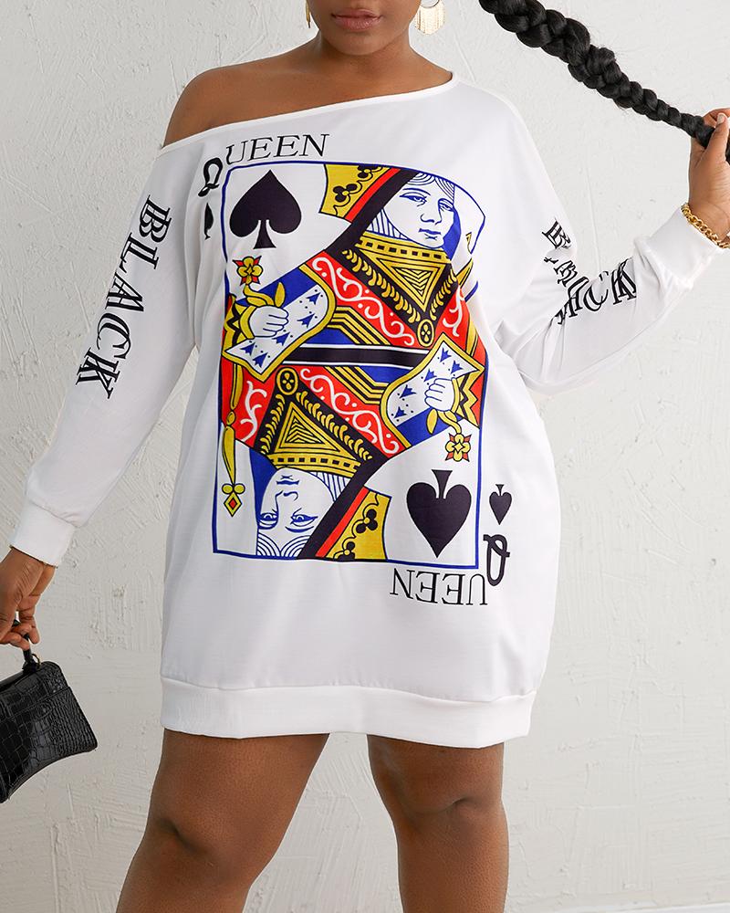 Plus Size Poker Print Long Sleeve Casual Dress