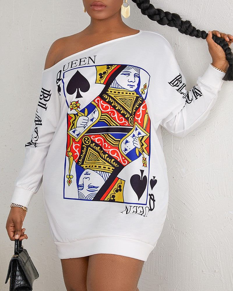 Plus Size Poker Print Long Sleeve Casual Dress