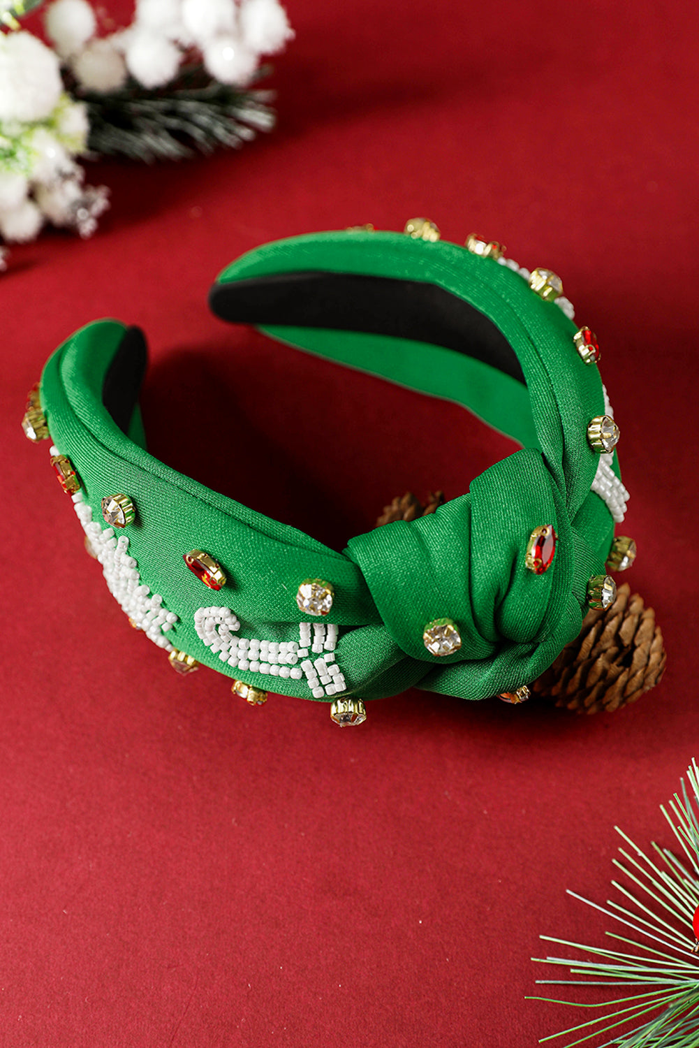 Dark Green Christmas Rice Beaded Rhinestone Wide Headband