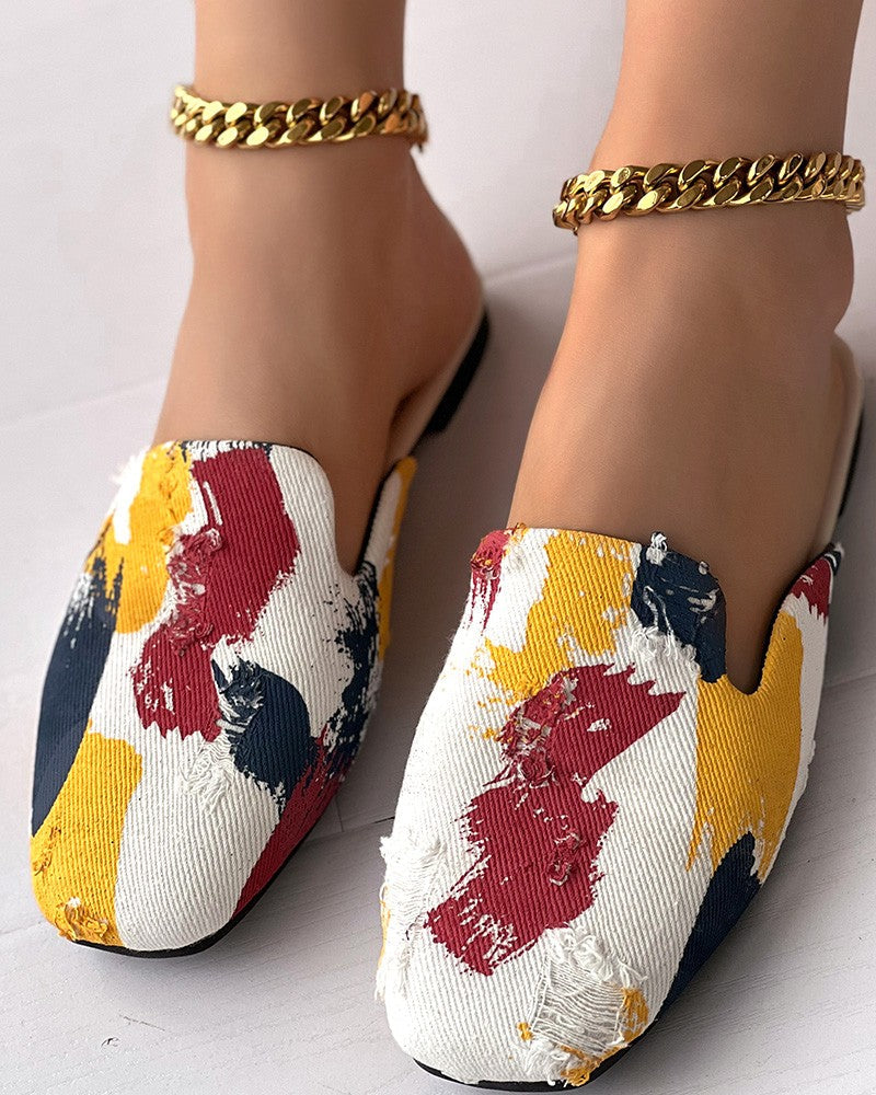 Ink Splash Print Ripped Slippers Square Toe Mules