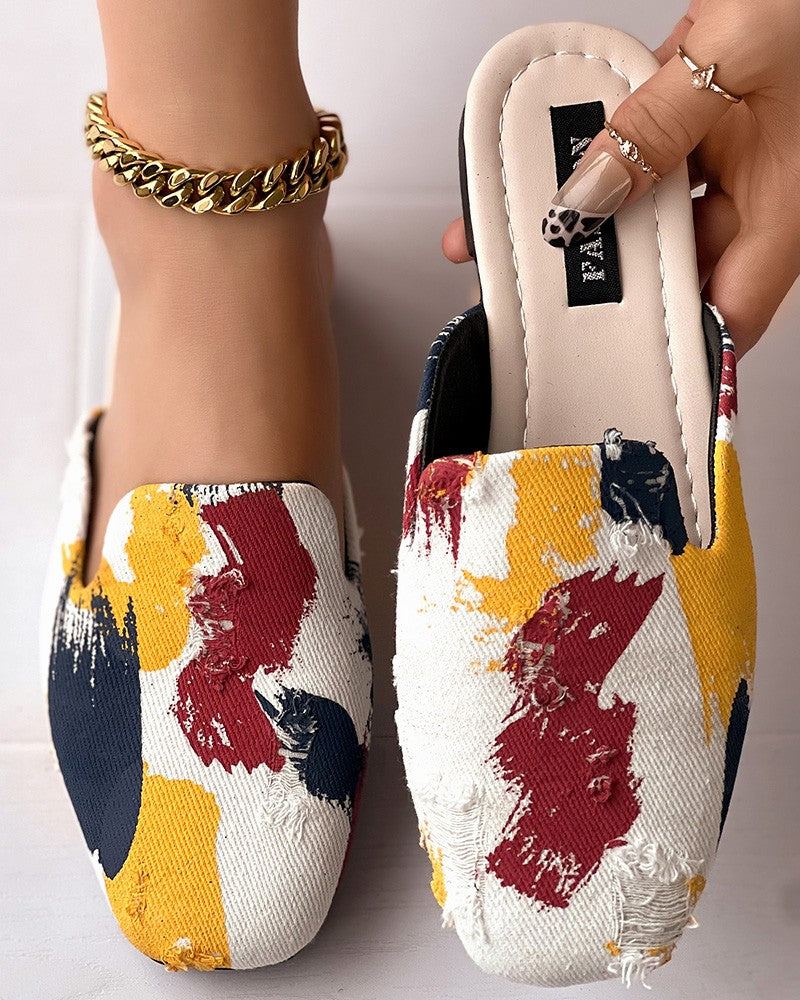 Ink Splash Print Ripped Slippers Square Toe Mules