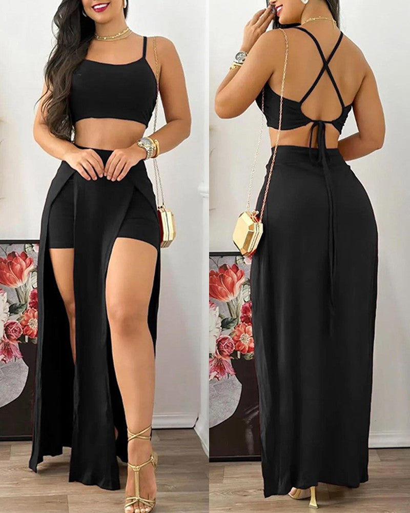 Crisscross Backless Crop Top & Slit Skorts Set