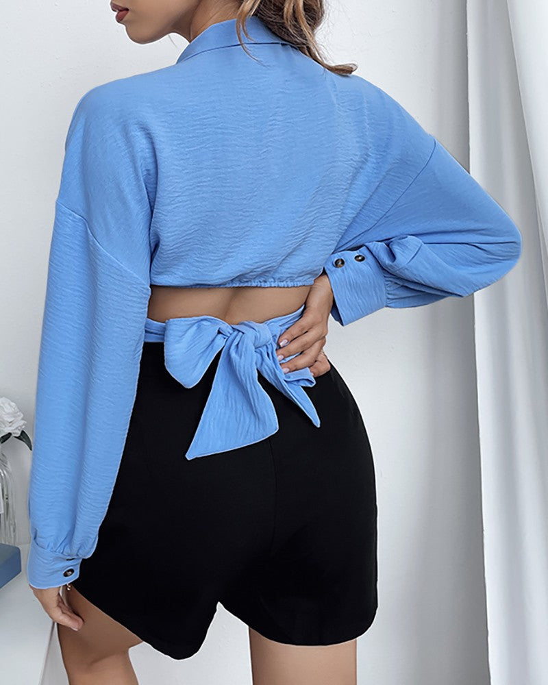 Lantern Sleeve Drop Shoulder Notched Collar Wrap Top