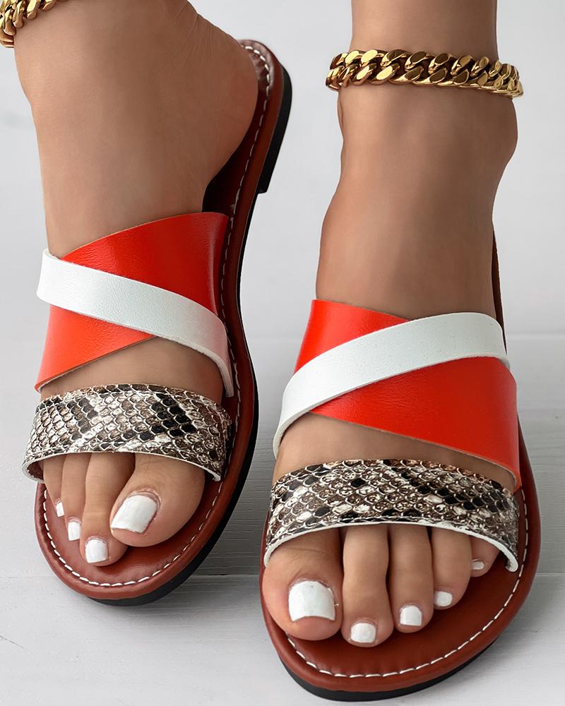 Snakeskin Colorblock Slippers Cross Strap Sandals