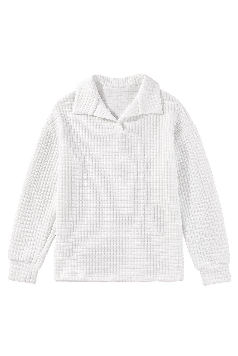 White Quilted Texture Sporty Collared Long Sleeve Top