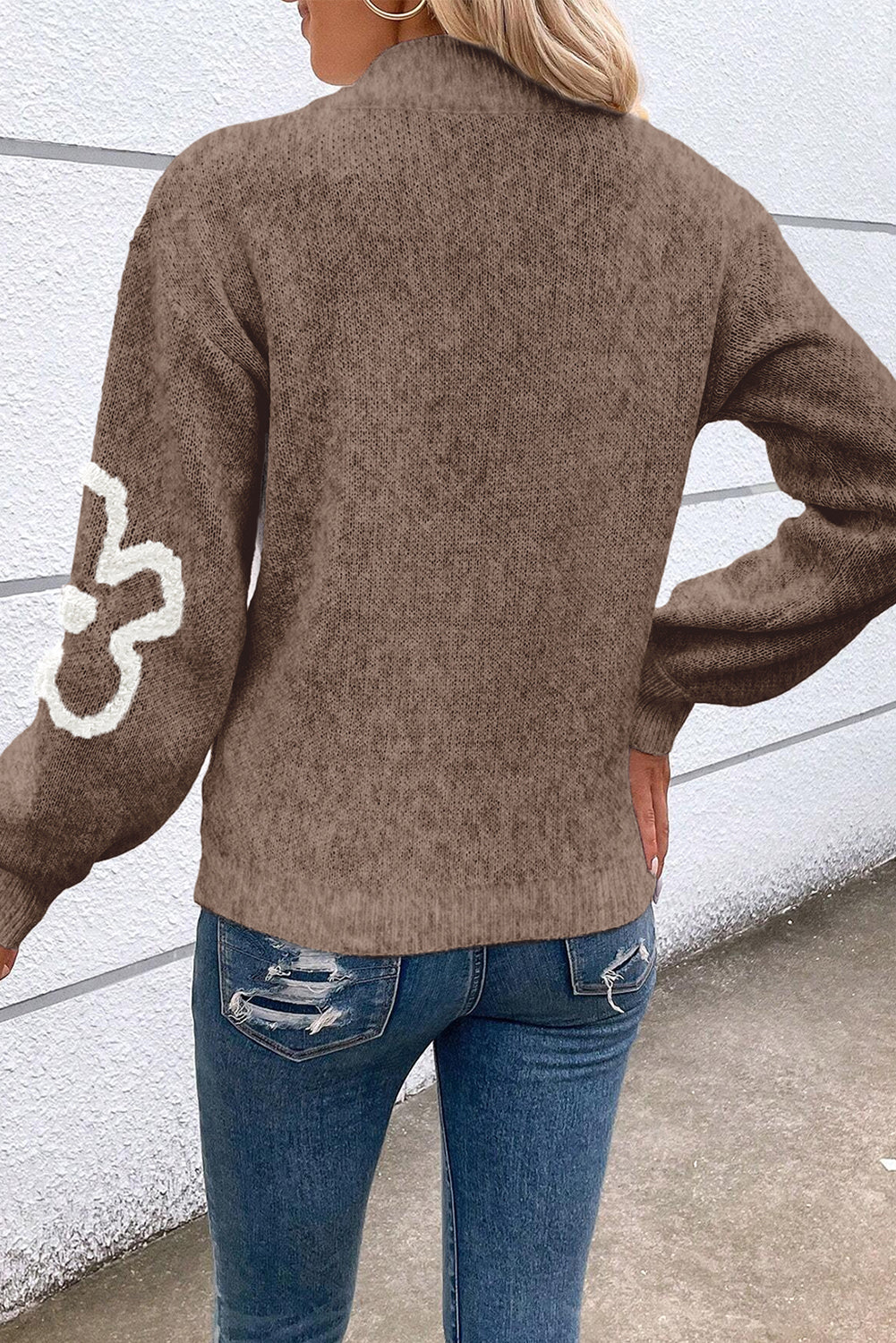 Parchment Contrast Flower Half Zipper Stand Neck Sweater