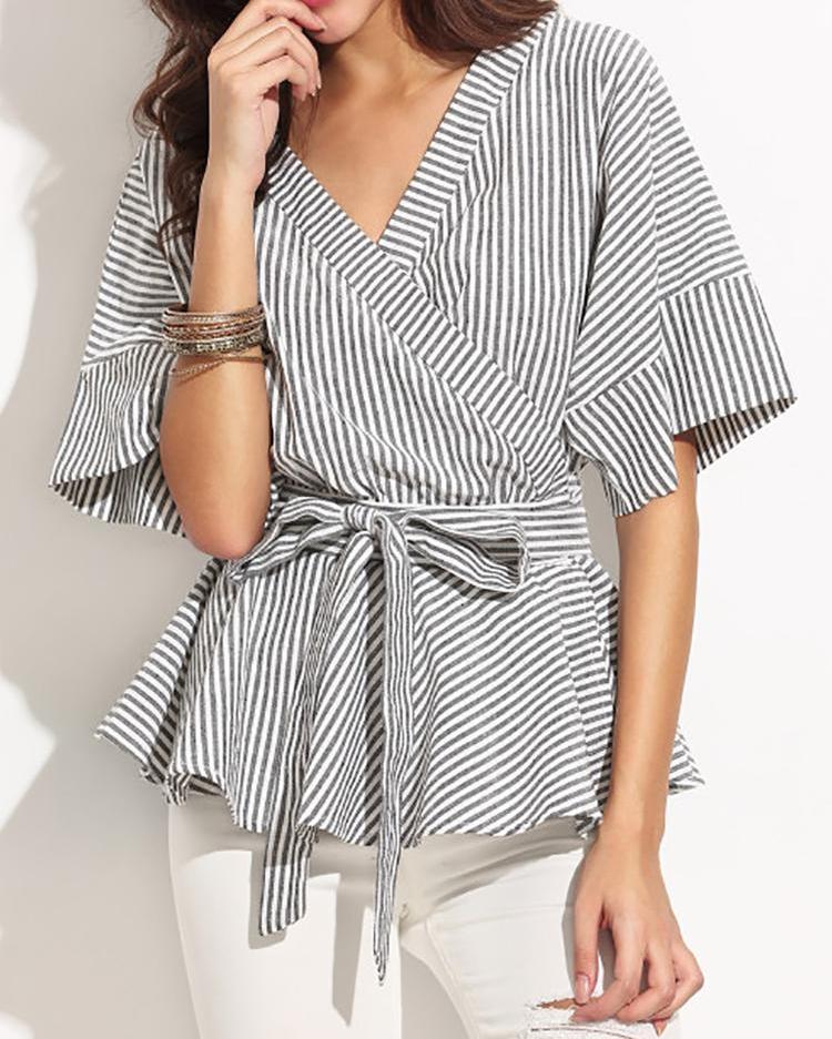 Striped Flared Sleeve Tied Waist Peplum Blouse