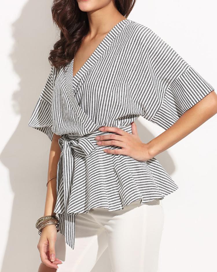 Striped Flared Sleeve Tied Waist Peplum Blouse