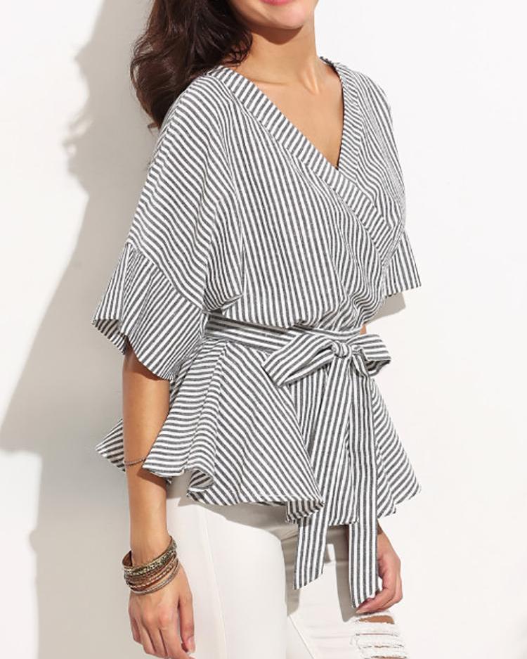 Striped Flared Sleeve Tied Waist Peplum Blouse