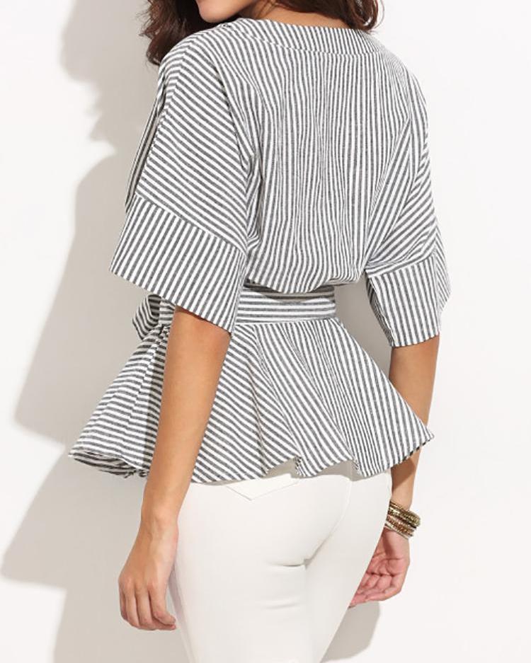 Striped Flared Sleeve Tied Waist Peplum Blouse