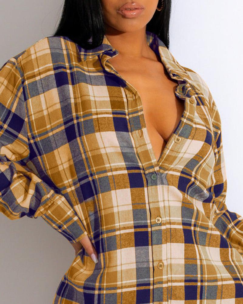 Plaid Print Long Sleeve Button Down Shirt Dress