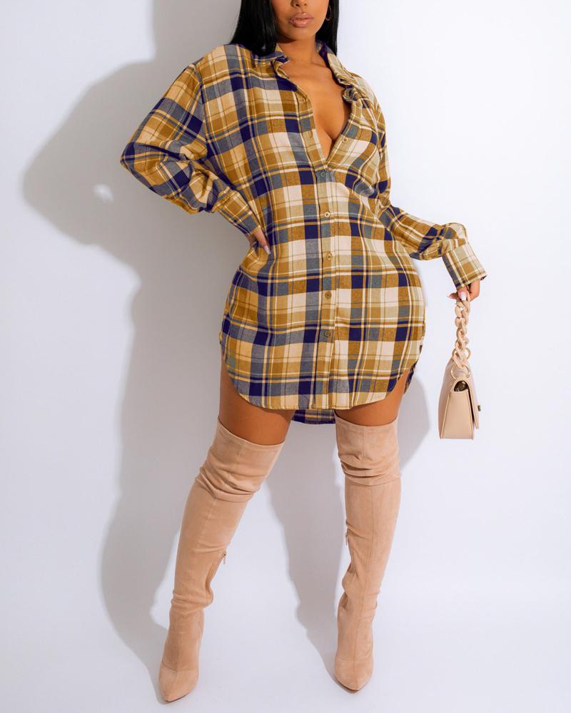 Plaid Print Long Sleeve Button Down Shirt Dress