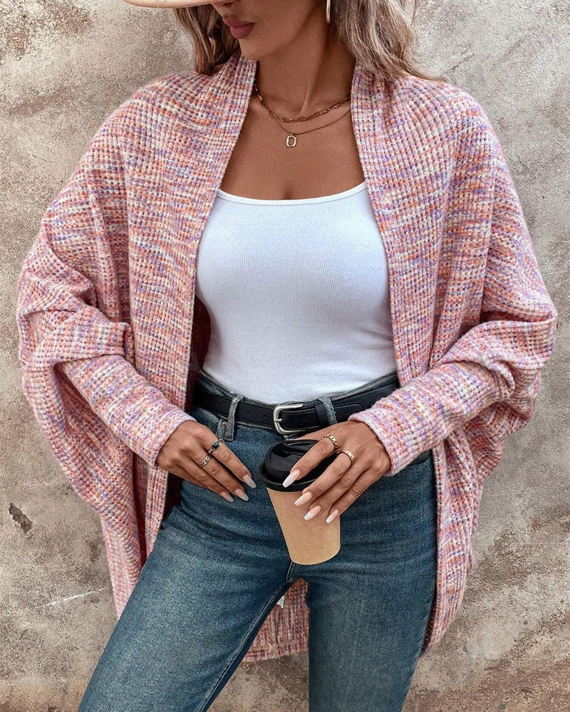 Colorful Waffle Knit Open Front Coat Batwing Long Sleeve Cardigan