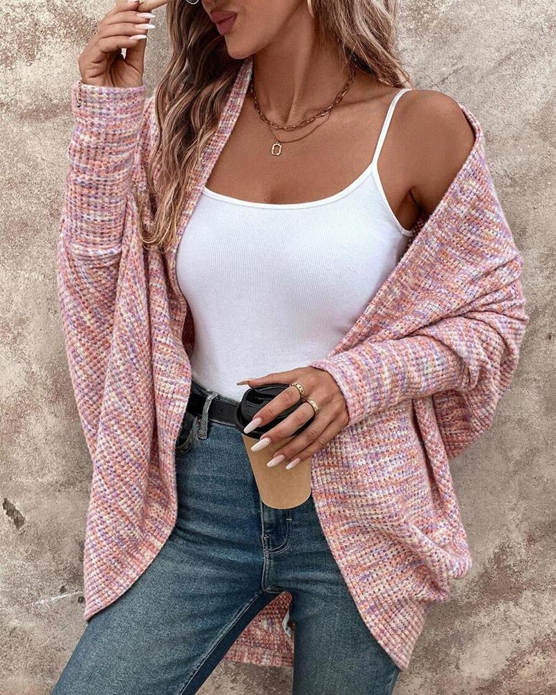 Colorful Waffle Knit Open Front Coat Batwing Long Sleeve Cardigan