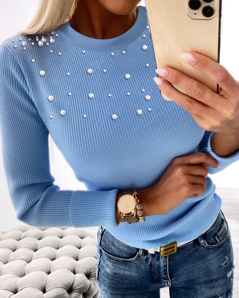 Round Neck Long Sleeve Beaded Knit Sweater